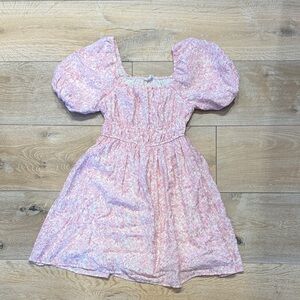 Pink Floral Puff-Sleeve Midi Dress with Square Neck